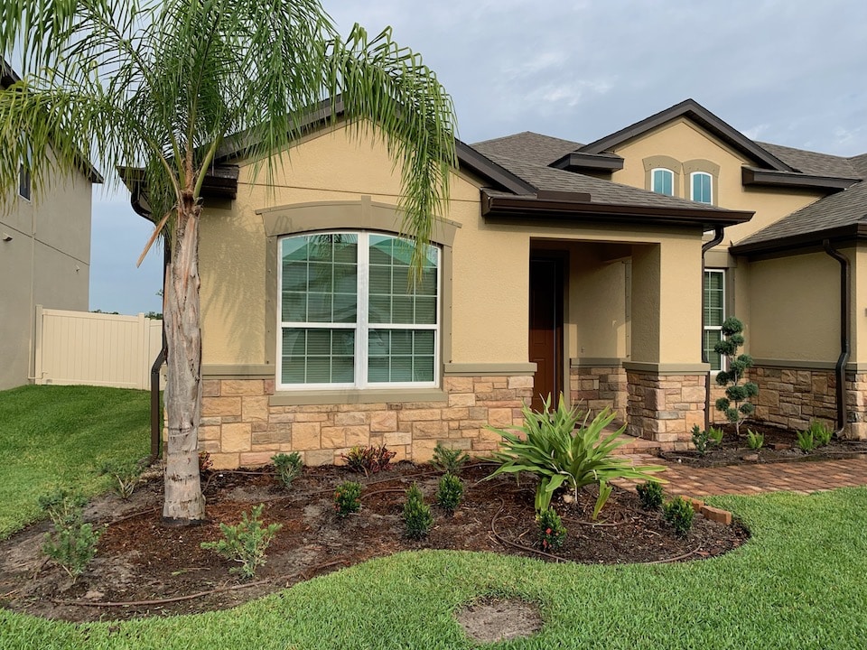During: the same bed replanted with small shrubs and a sago palm in fresh mulch