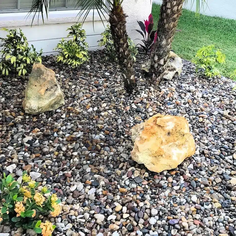 Xeriscape bed with river rock, boulders and drought-tolerant plants