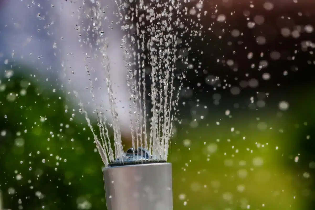 Close-up of a spray nozzle on its stem throwing fine streams of water